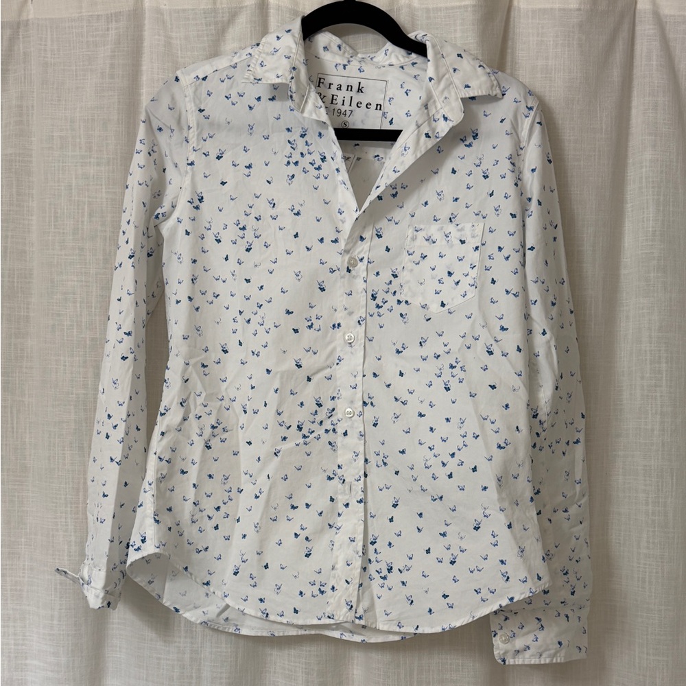 Frank & Eileen Barry White Shirt with Blue Butterflies